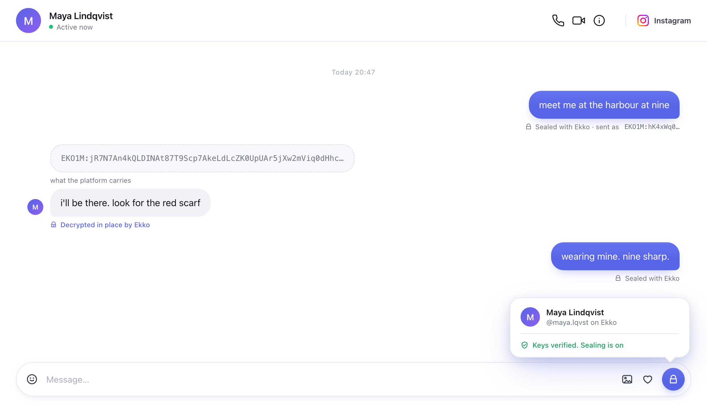An Instagram conversation where Ekko decrypts a message in place: the platform carries ciphertext, the reader sees plain text with a small lock.